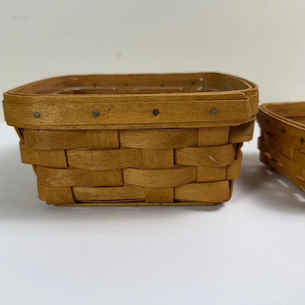 Vintage Longaberger Basket Set Of 2 Brown Handwoven Wood W Plastic Liners USA